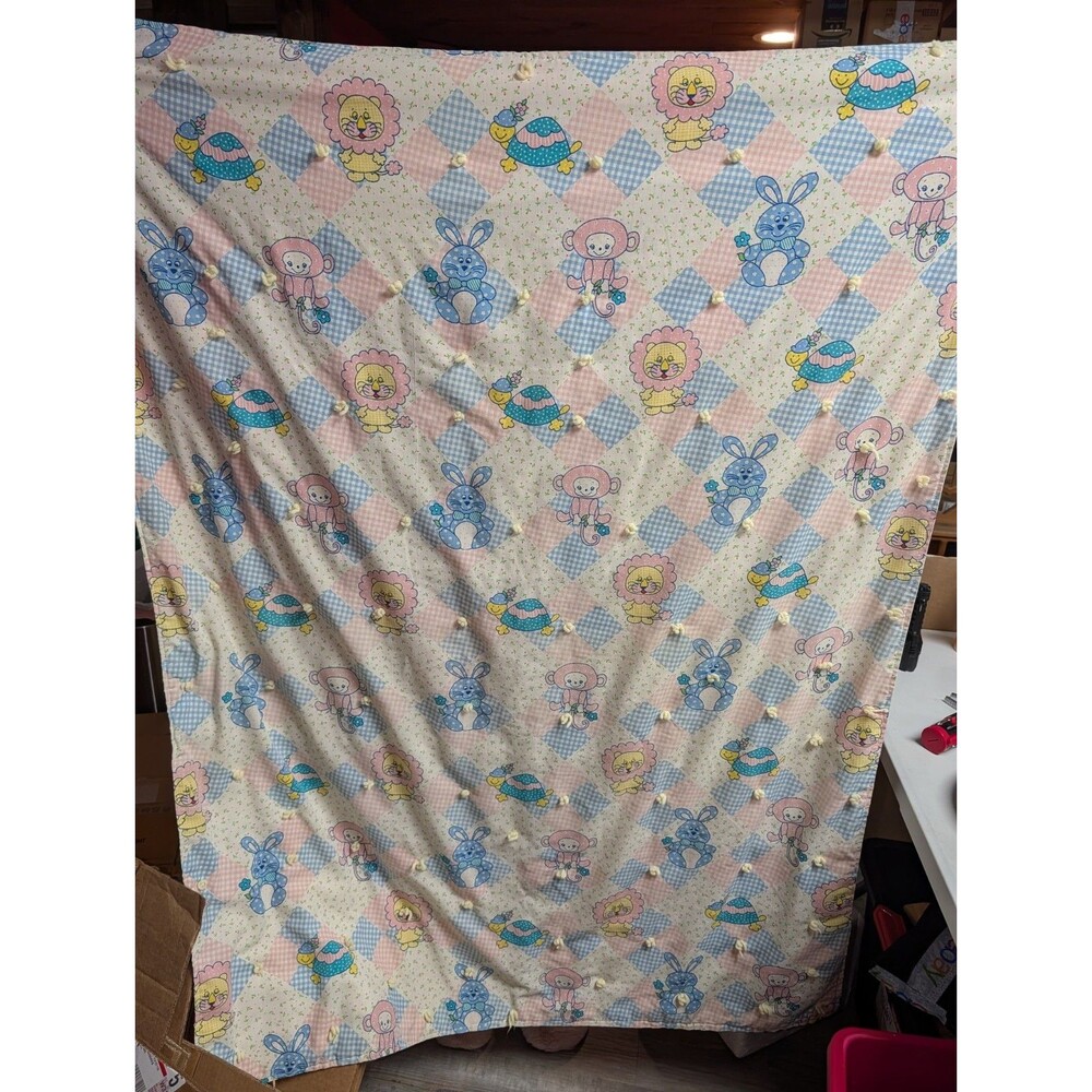 Vintage Baby Blanket Comforter Quilt Lion Bunny Turtle Monkey ~50 x 42 Pink Blue